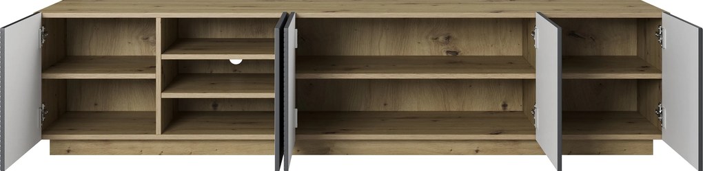Comodă TV Asha 200 cm, cu 5 uși și fronturi riflate – stejar artisan / rivier stone mat