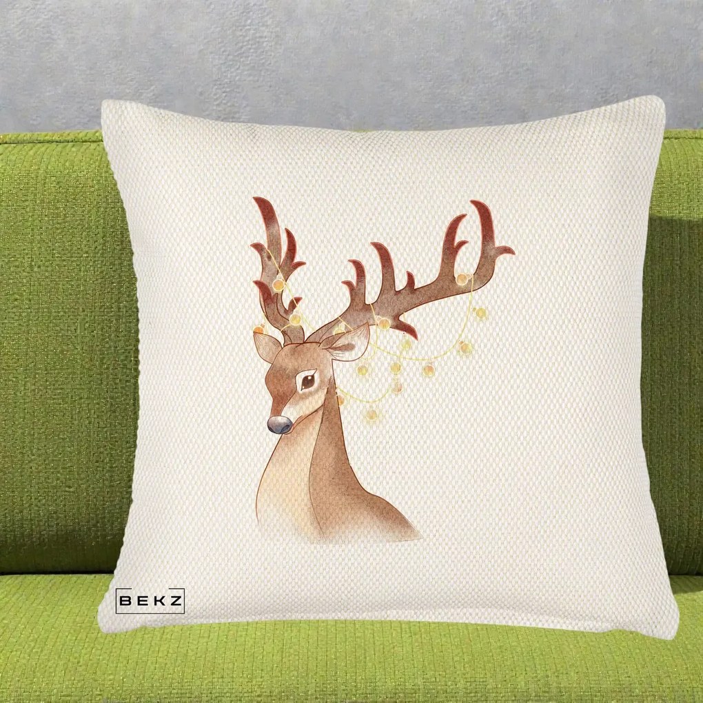 Perna Decorativa Ren cu Luminite de Craciun, 40x40 cm, Crem Reliefat, Husa Detasabila, Perna Inclusa, BEKZ®