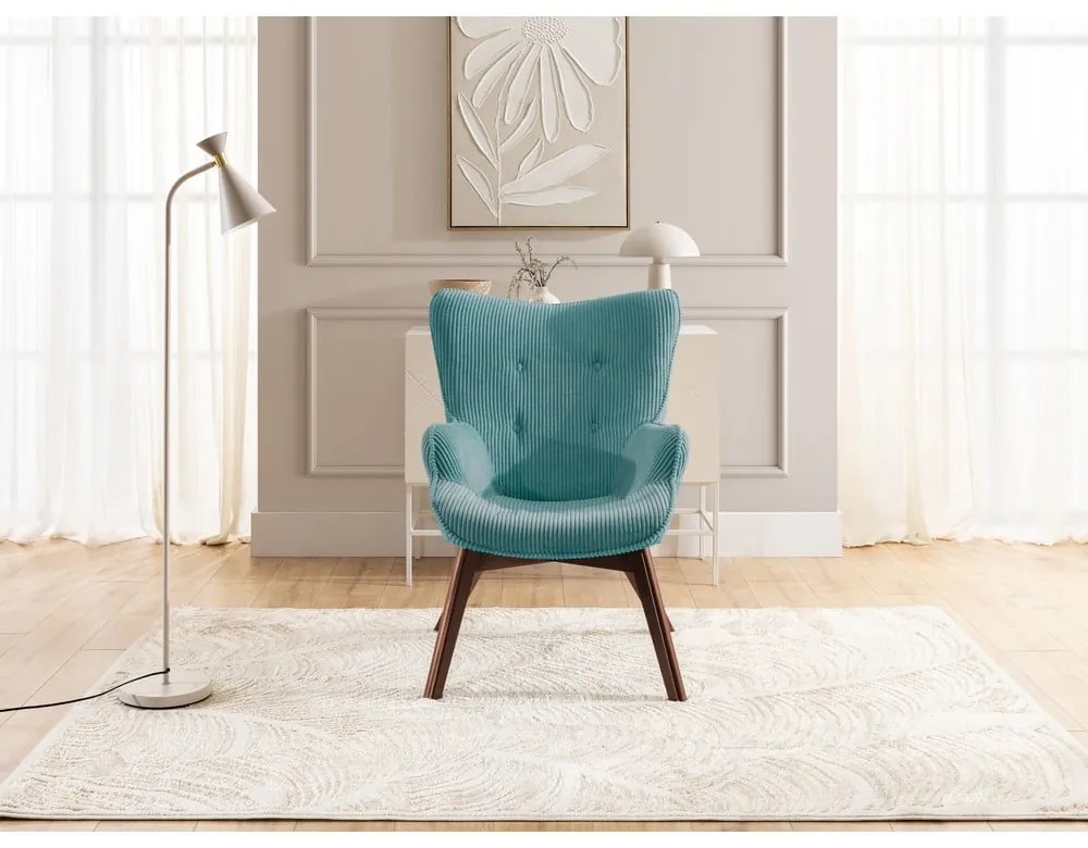 Fotoliu turcoaz cu tapițerie din catifea reiată Niko – Ropez