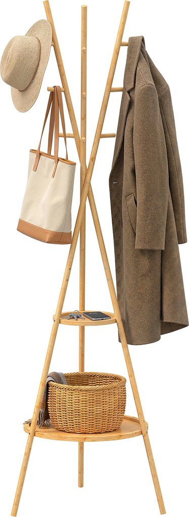 HOMCOM Cuier freestanding cu 9 cârlige și 2 polițe pentru intrare, lemn natural | Aosom Romania