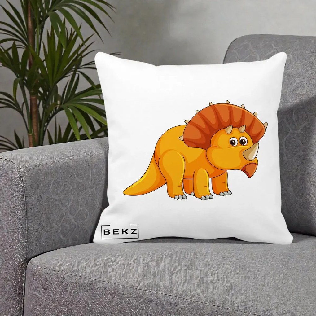 Perna Decorativa Triceratops Portocaliu, 40x40 cm, Alba Mata, Husa Detasabila, Perna Inclusa, BEKZ®