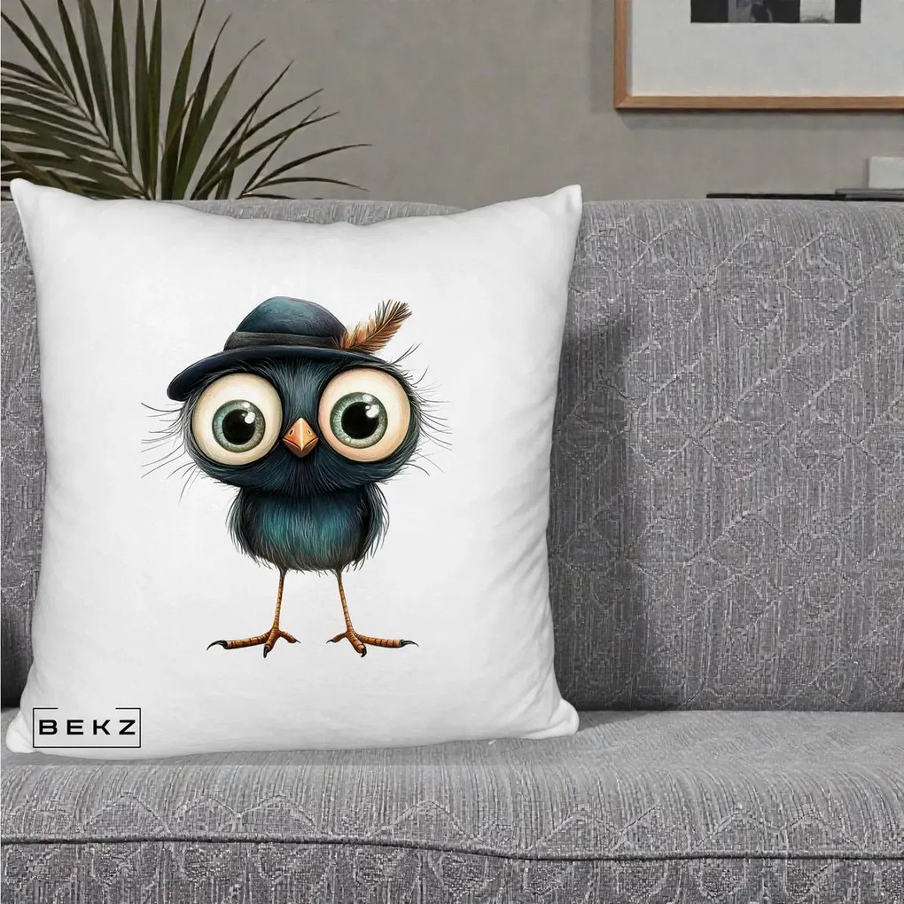 Perna Decorativa Pui Misterios cu Palarie Neagra, 40x40 cm, Alb Pufos, Husa Detasabila, Perna Inclusa, BEKZ®
