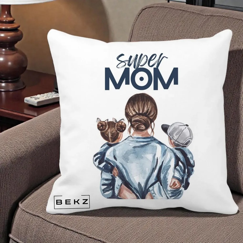 Cadou pentru Mama - Perna Personalizata Super Mom, 40x40 cm, Alba Mata, Husa Detasabila, Perna Inclusa, BEKZ®