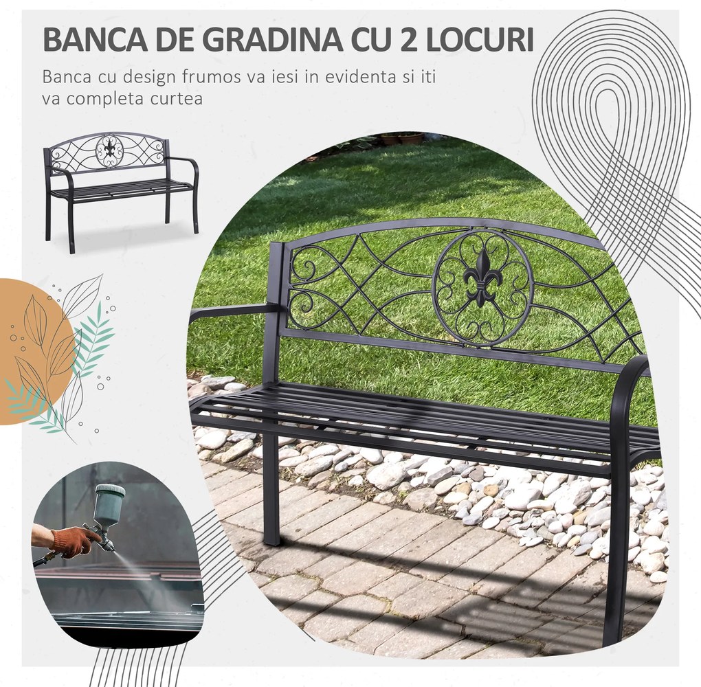 Outsunny Bancuta de Gradina in Fier Forjat 129 x 50 x 91cm Negru