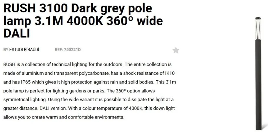 Stalp LED iluminat exterior simetric 360º wide IP65 RUSH 310cm 4000K DALI