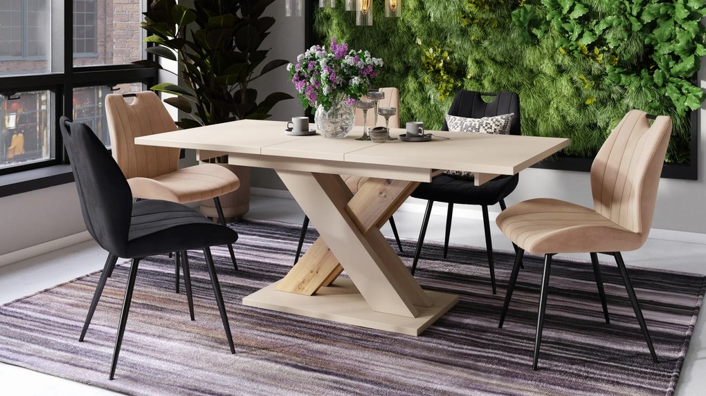 Mazzoni KARO Bej (Șampanie)/Stejar Artisan – MASĂ/MĂSUȚĂ CAFEA MODERNĂ CU BLAT EXTENSIBIL până la 180 cm