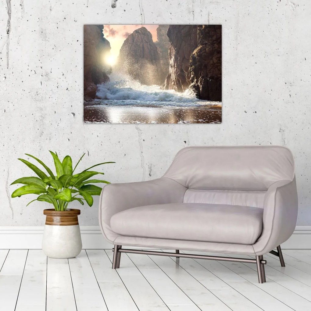 Tablou pe sticlă - Stânci și valuri ale oceanului (70x50 cm)