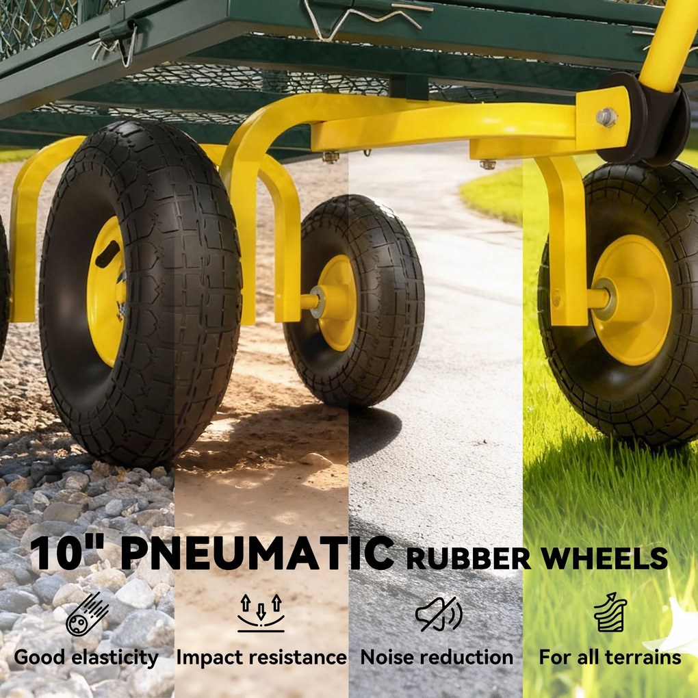 Outsunny Cărucior de Grădină Robust, Remorcă din Oțel cu Pereți Laterali Detașabili, Convertibil în Platformă, Roți de 25cm, Mâner Rotativ la 180°, Capacitate 200 kg, pentru Plajă, Peluză și Grădină, Verde | Aosom Romania