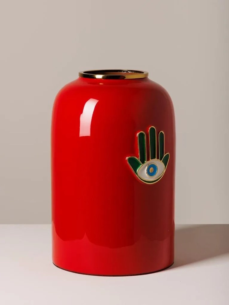 Vaza decorativa, cu pictura Hamsa, din metal si alama, Funkie