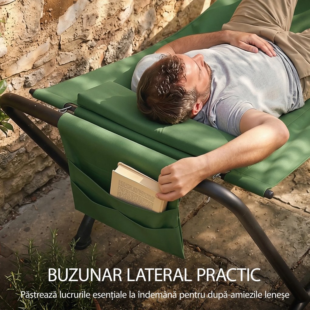 Outsunny Hamac de Exterior cu Suport, Hamac Autoportant cu Buzunar Lateral, Tetieră și Structură din Metal, Capacitate 150 kg pentru Grădină, Balcon, Terasă, 237 x 90 x 92 cm, Verde Închis | Aosom Romania