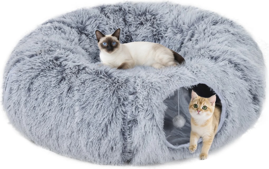 PawHut Tunel interior pentru pisici cu pat în formă de donut, pernă circulară lavabilă, 90x80x27cm, gri deschis | Aosom Romania