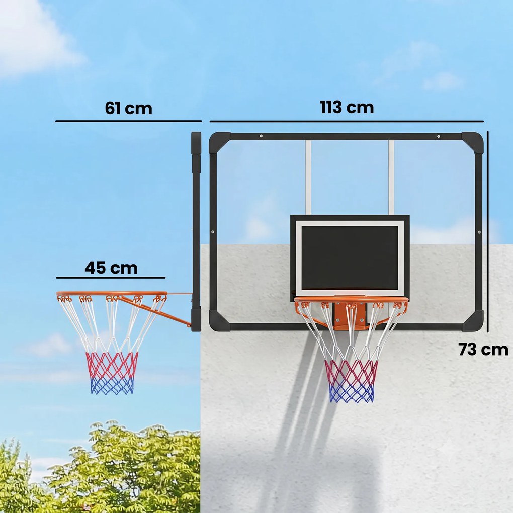 SPORTNOW Coș de Baschet de Perete pentru Exterior 113 x 73 cm, Inel Ø45 cm și Plasă, Negru | Aosom Romania