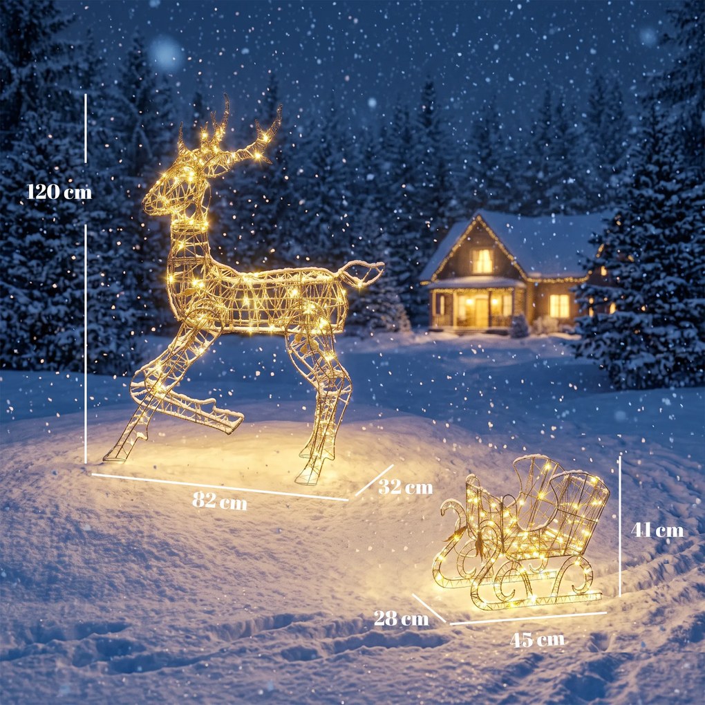 Outsunny Renă luminoasă de Crăciun cu sanie, 175 LED-uri alb cald, 8 moduri de iluminare, timer, IP44, maro | Aosom Romania