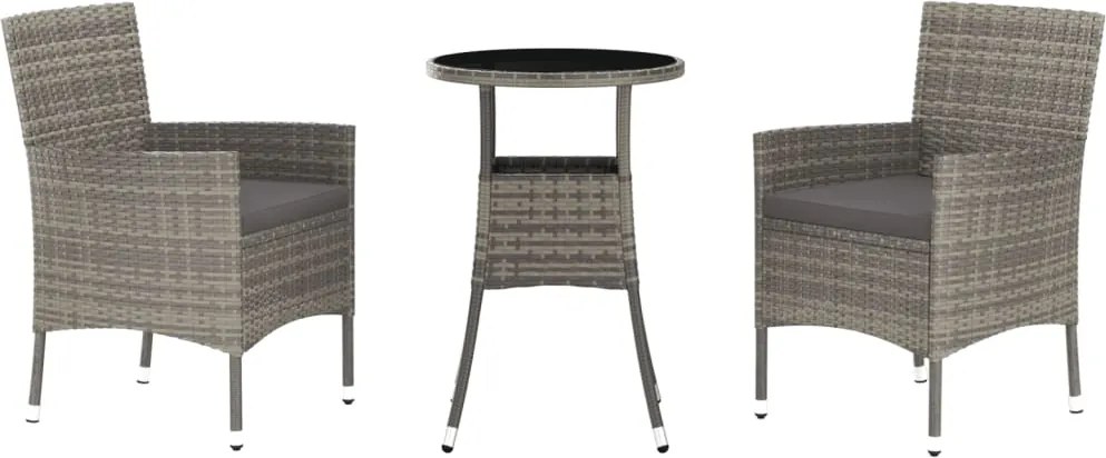 vidaXL Set bistro de grădină cu perne, 3 piese, gri, poliratan