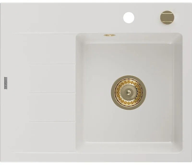 Mexen Ben chiuvetă granit cu 1 compartiment și scurgător, dreapta 600 x 500 mm, alb, sifon auriu - 6523605000-20-G
