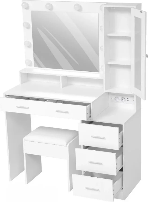 Set EVELINE – Masă de Toaletă pentru Machiaj, Oglindă Becuri LED, Iluminare reglabilă, Dulap lateral cu ușă, 5 sertare, 2 prize + 2 USB, Scaun, Alb
