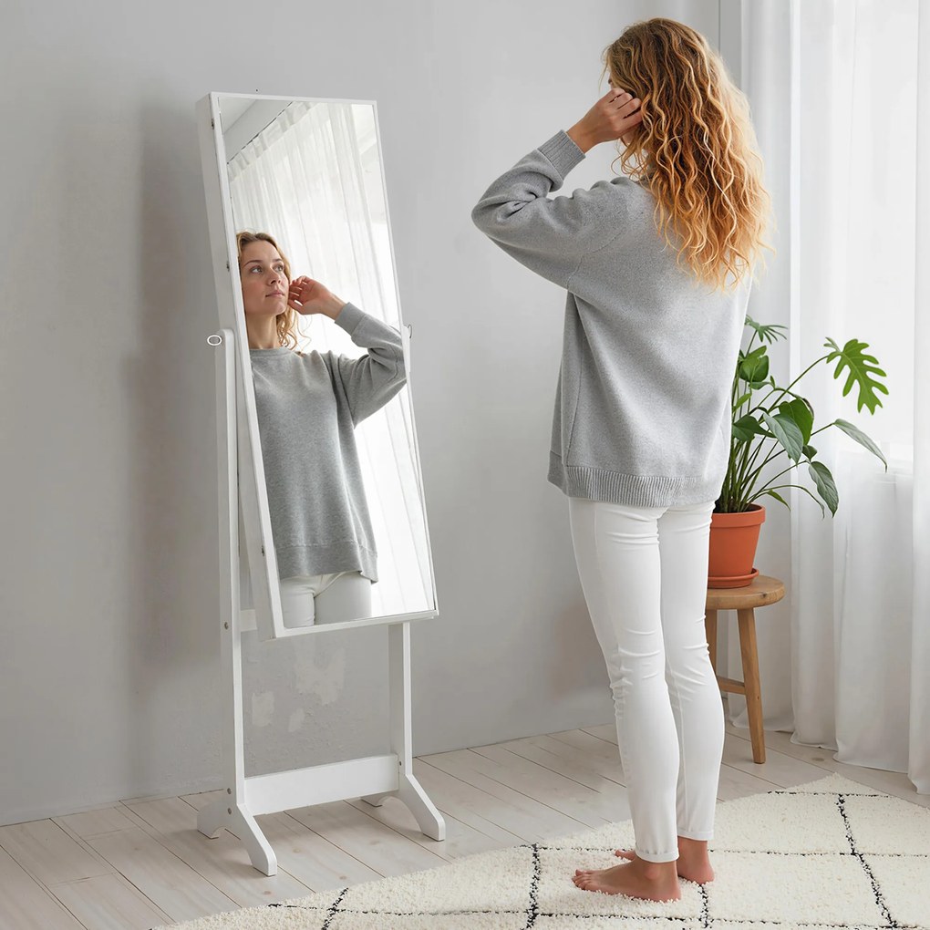 HOMCOM Oglindă Portbijuterii, Dulap Portbijuterii cu Unghi Reglabil, Organizator pentru Inele, Coliere, Cercei, Încuietoare cu Cheie, pentru Dormitor, Living, 46x36.5x151.5cm, Alb | Aosom Romania