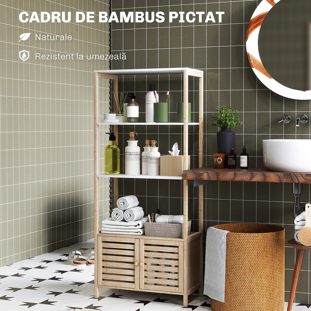 HOMCOM Mobilier Baie cu 3 Rafturi, mobilier de baie din Bambus, 63x30x138 cm, Alb | Aosom Romania