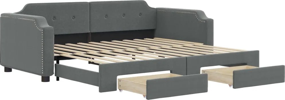 vidaXL Pat de zi cu extensie și sertare, gri închis, 100x200 cm textil