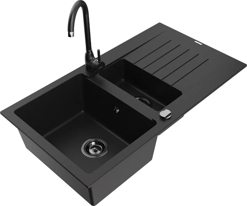 Mexen Matias chiuvetă din granit cu 1,5 compartimente cu picurător și baterie de bucătărie Telma, negru - 6502-77-670200-70-B