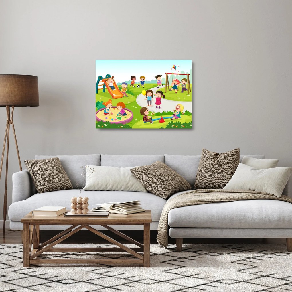 Tablou pe sticlă cu bucuriile copiilor în nisip (70x50 cm)