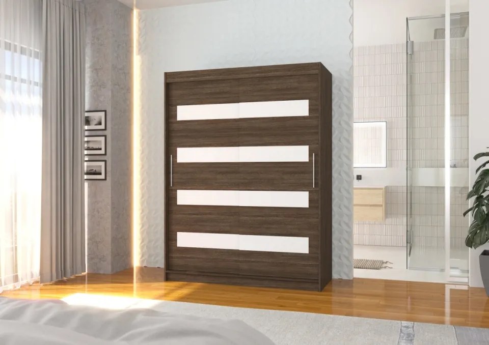 Dulap cu usi glisante 150x200 cm, Martinez, ADRK Furniture (Culoare: Negru / Alb / Negru Lacobel)