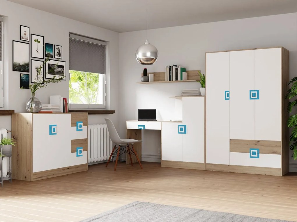 Mobilier cameră studenți Monella VI (stejar deschis + alb + turcoaz) . 1104470