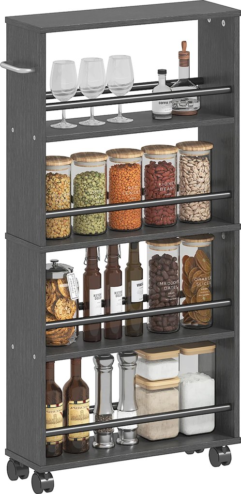 HOMCOM Raft multifuncțional cu roți, design îngust, 4 compartimente, 45x15x91 cm, Negru | Aosom Romania