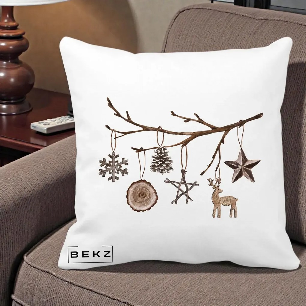 Perna Decorativa Ornamente de Lemn pe Ramura, 40x40 cm, Alba Mata, Husa Detasabila, Perna Inclusa, BEKZ®