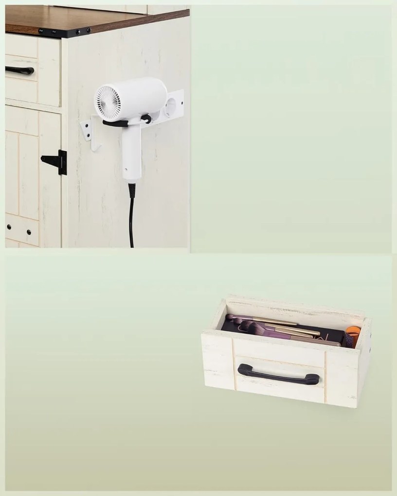 SEA818 - Set Masa toaleta 108 cm, cosmetica machiaj, oglinda cu LED, masuta vanity cu Priza, USB si Suport Uscator par, scaunel tapitat - Alb