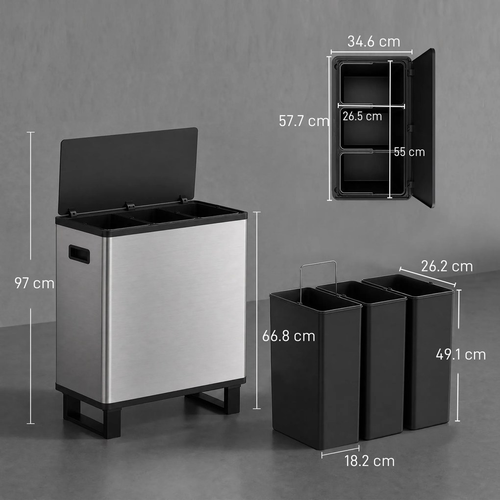 HOMCOM Coș de gunoi automat cu senzor, 54 L, 3 compartimente, oțel inoxidabil, argintiu | Aosom Romania