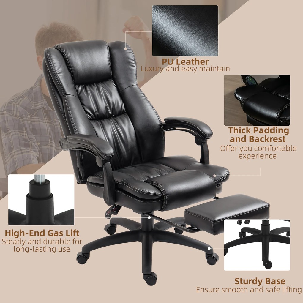 Vinsetto Scaun Birou cu Masaj, Înclinare, Piele Artificială, Negru, 68.5x68.5x119-127cm, Confort Sporit | Aosom Romania