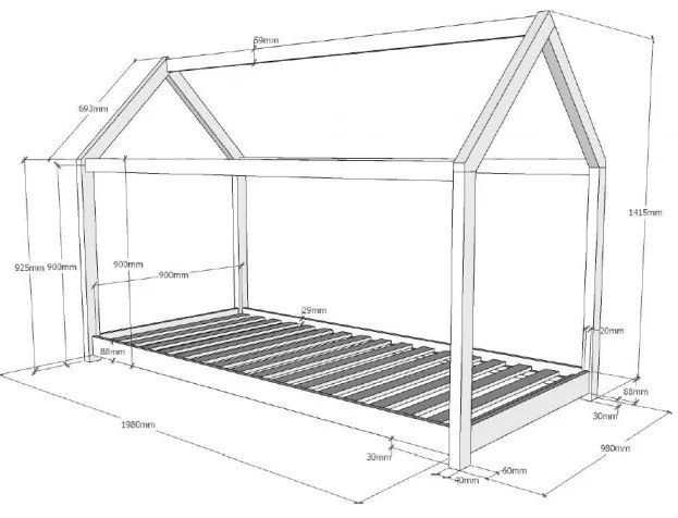 Pat Căsuță , Natural, 90 x 200 cm (Pin Masiv) – CABANE – Vipack