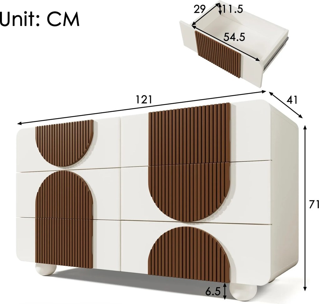 Comodă cu 6 sertare, cu șipci din lemn de culoare ciocolată și picioare sferice din lemn masiv, albe, 121x41x71 cm, Alb