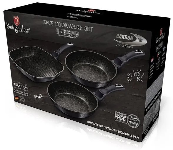 Set 3 tigai marmorate antiaderente Berlinger Haus Carbon Pro BH 6904, curatare usoara, inductie
