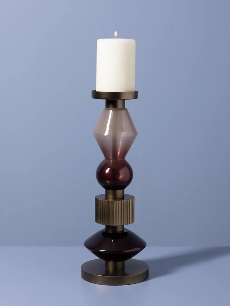 Sfeșnic din sticlă și metal, vișiniu-auriu antichizat, structură sculpturală etajată, finisaj patinat, 37×14 cm, „Astrolab"