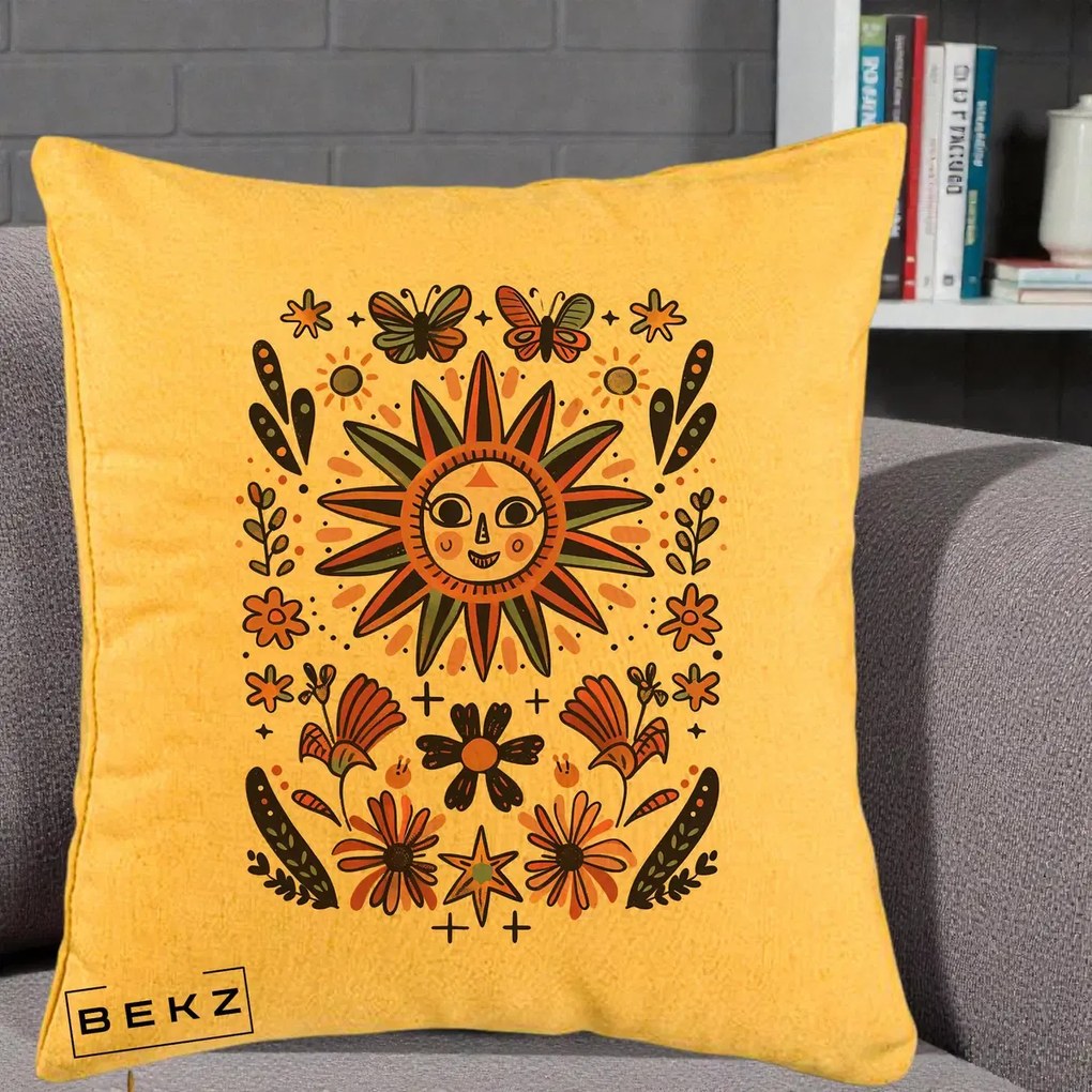 Perna Decorativa Soare Boho Folk Fluturi, 40x40 cm, Galben, Husa Detasabila, Perna Inclusa, BEKZ®