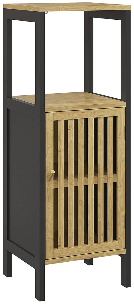 HOMCOM Dulap de Depozitare Îngust, Dulap de Baie Mic din Bambus cu Compartiment Deschis și Raft Reglabil, 32x30x90.5 cm, Negru | Aosom Romania