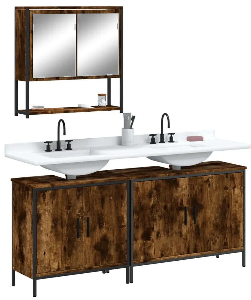 vidaXL Set mobilier de baie, 3 piese, stejar fumuriu, lemn prelucrat