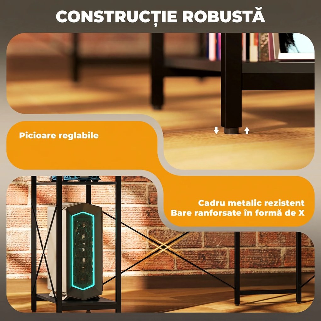 HOMCOM Birou de colț pentru computer cu prize electrice și suport dublu pentru monitor, 137x140 cm, negru | Aosom Romania