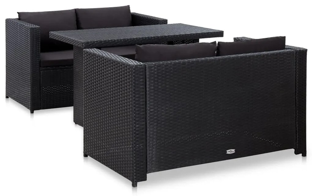 46397 vidaXL Set mobilier de grădină cu perne, 3 piese, negru, poliratan
