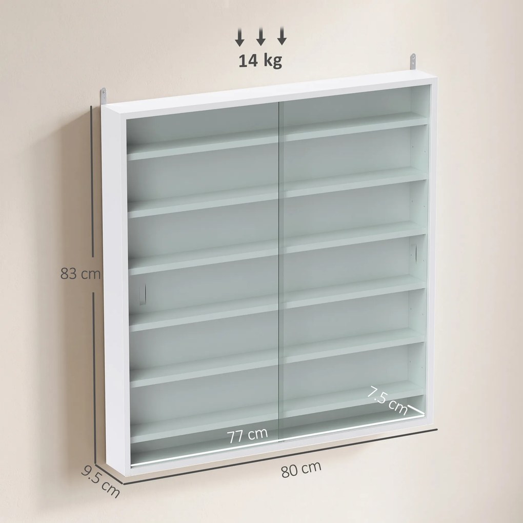 HOMCOM Vitrină pentru obiecte cu 6 rafturi reglabile, din PAL, cu uși din sticlă, 80 x 9,5 x 83 cm, alb | Aosom Romania