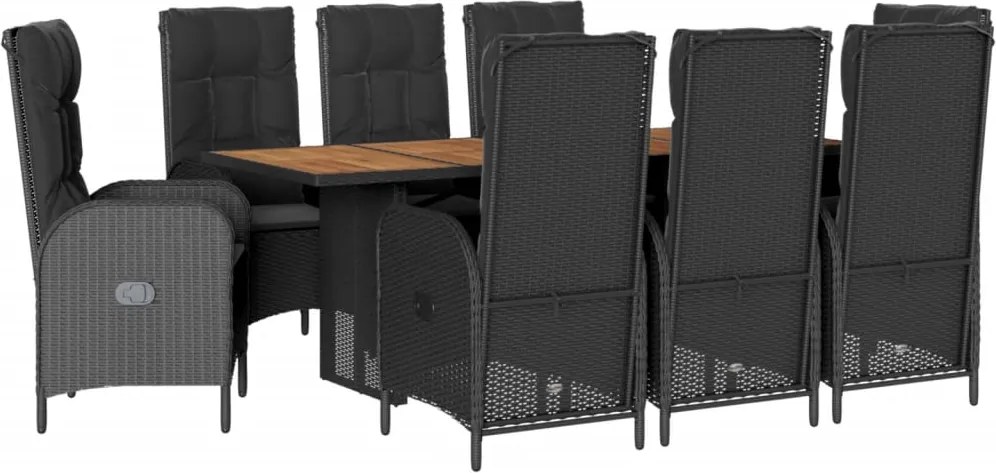 vidaXL Set mobilier de grădină cu perne, 9 piese, negru, poliratan