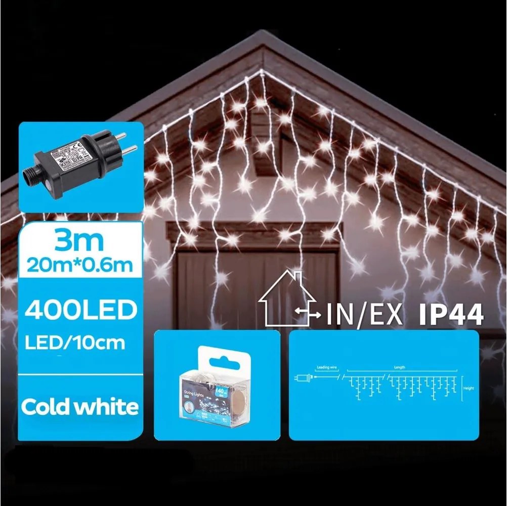 Brilagi - Ghirlandă luminoasă LED de exterior pentru Crăciun 400xLED/8 funcții 23x0,6m IP44 alb rece