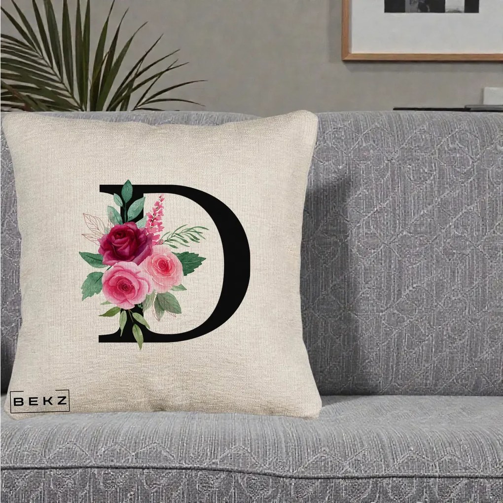 Cadou Personalizat - Perna Personalizata Monograma Florala Litera D, 40x40 cm, Bej Canapea, Husa Detasabila, Perna Inclusa, BEKZ®