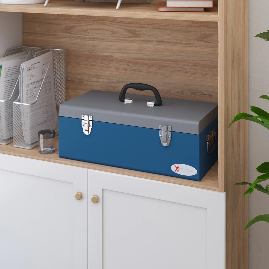 DURHAND Caisse boite à outils en métal transportable cu 3 mânere, 2 încuietori, dim. 50L x 26l x 18,5H cm, bleu | Aosom Romania