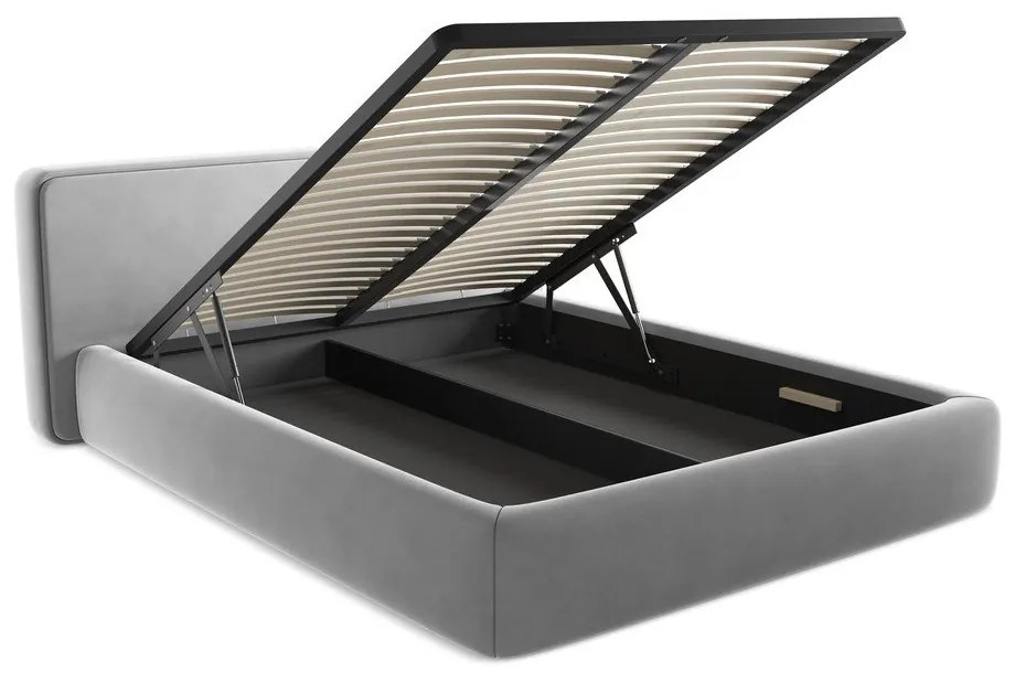 Pat matrimonial gri tapițat cu spațiu de depozitare cu somieră 160x200 cm Kiana – Makamii