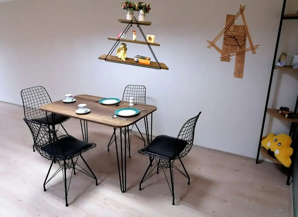 Set masa cu 4 scaune metal, Dream Homs, nuc/negru 70 x 110 cm