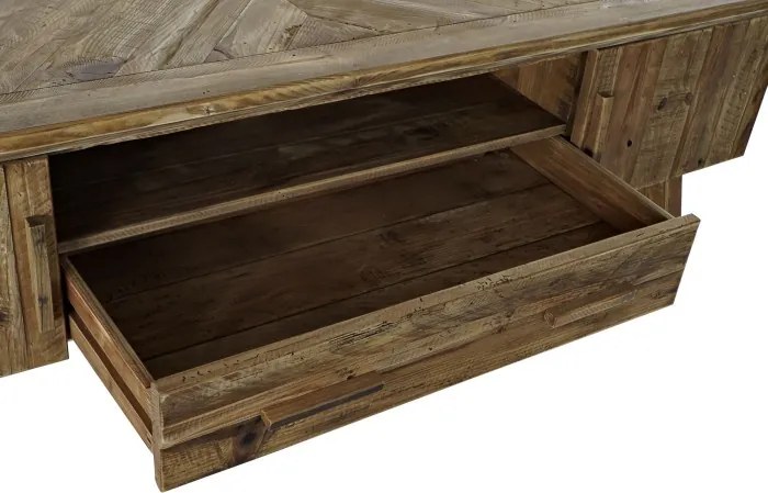 Comodă TV living din lemn reciclat, natur, cu 2 uși, 1 sertar, nișă deschisă și picioare oblice cu traversă, 60 x 180 x 45 cm, „Auburn”