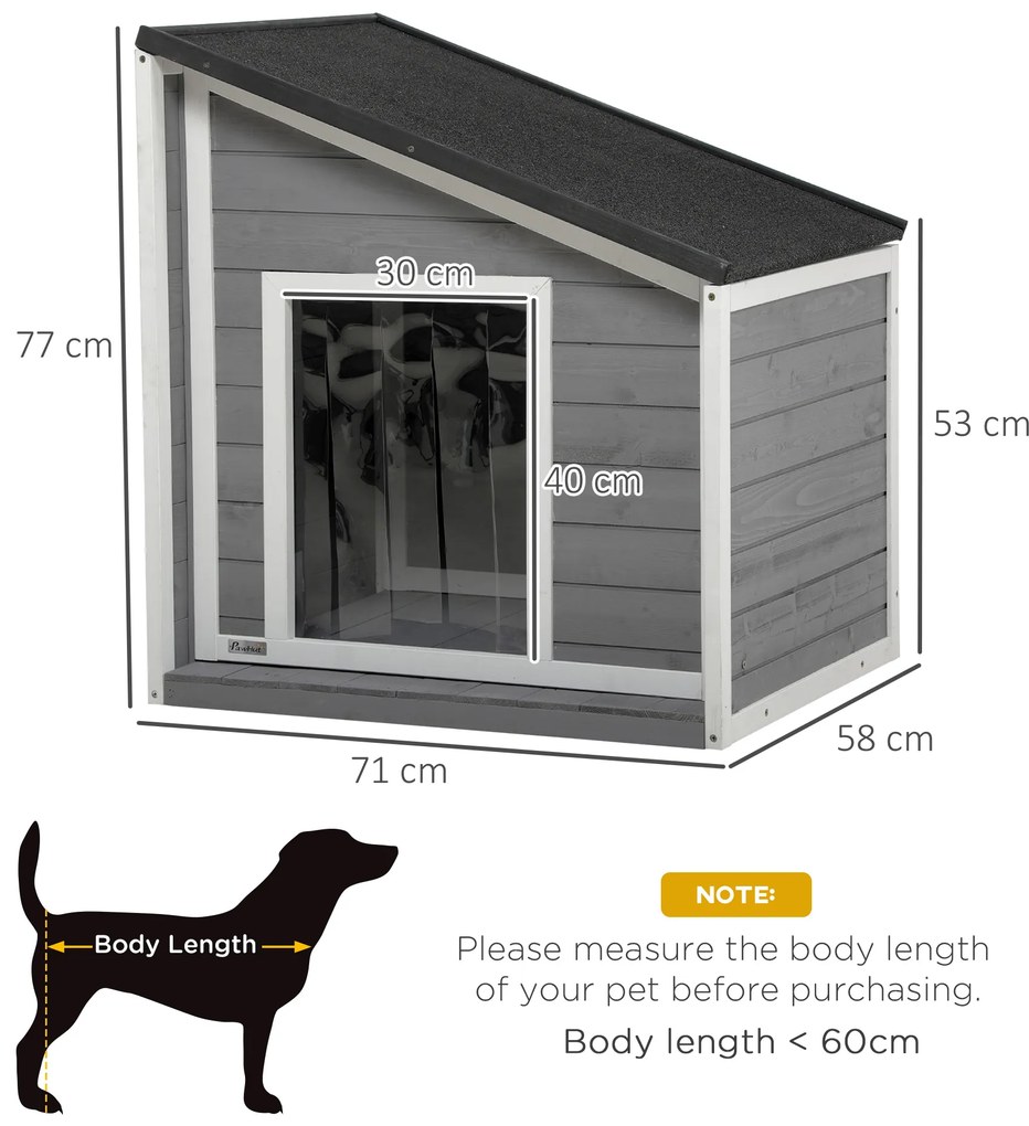 PawHut Hundehütte din lemn masiv, rezistent la intemperii, acoperiș din șindrilă, 71 cm x 58 cm x 77 cm, Gri + Alb | Aosom Romania